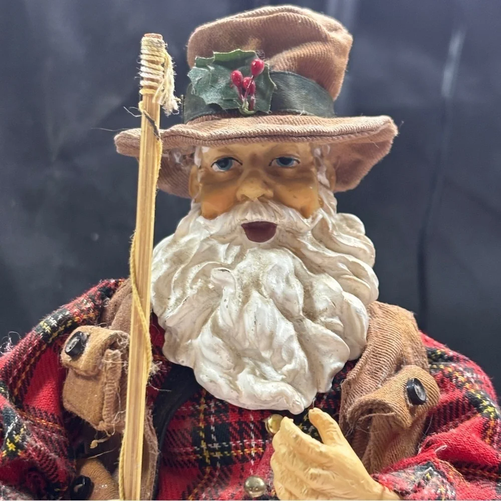 Santa Fisherman Figurine Statue Fishin Pole-Fish-Creel Basket Vest Hat 12